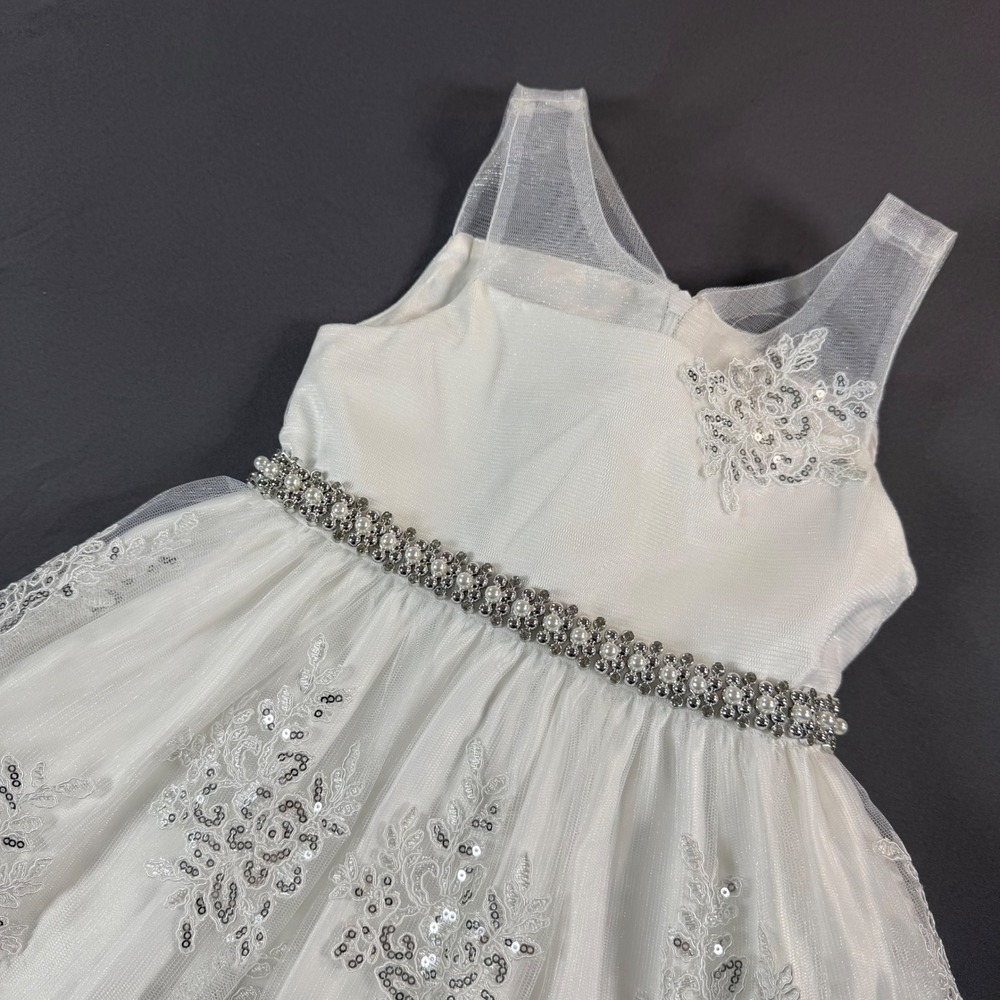 American Princess White Silver Sequin Flower Girl Dress 4T Formal Wedding 27588